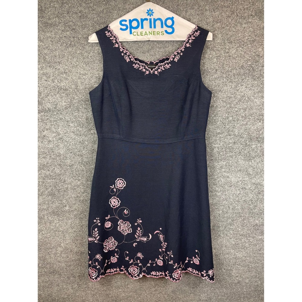 Goodclothes Floral Embroidered‎ Dress Womens 12 Navy Blue Excellent Linen Blend